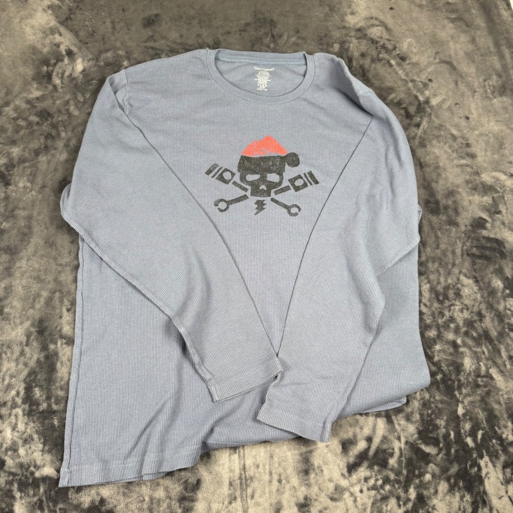 Lucky Brand Waffle Thermal Shirt Mens XL Blue Skull Santa Hat Long Sleeve Sleep